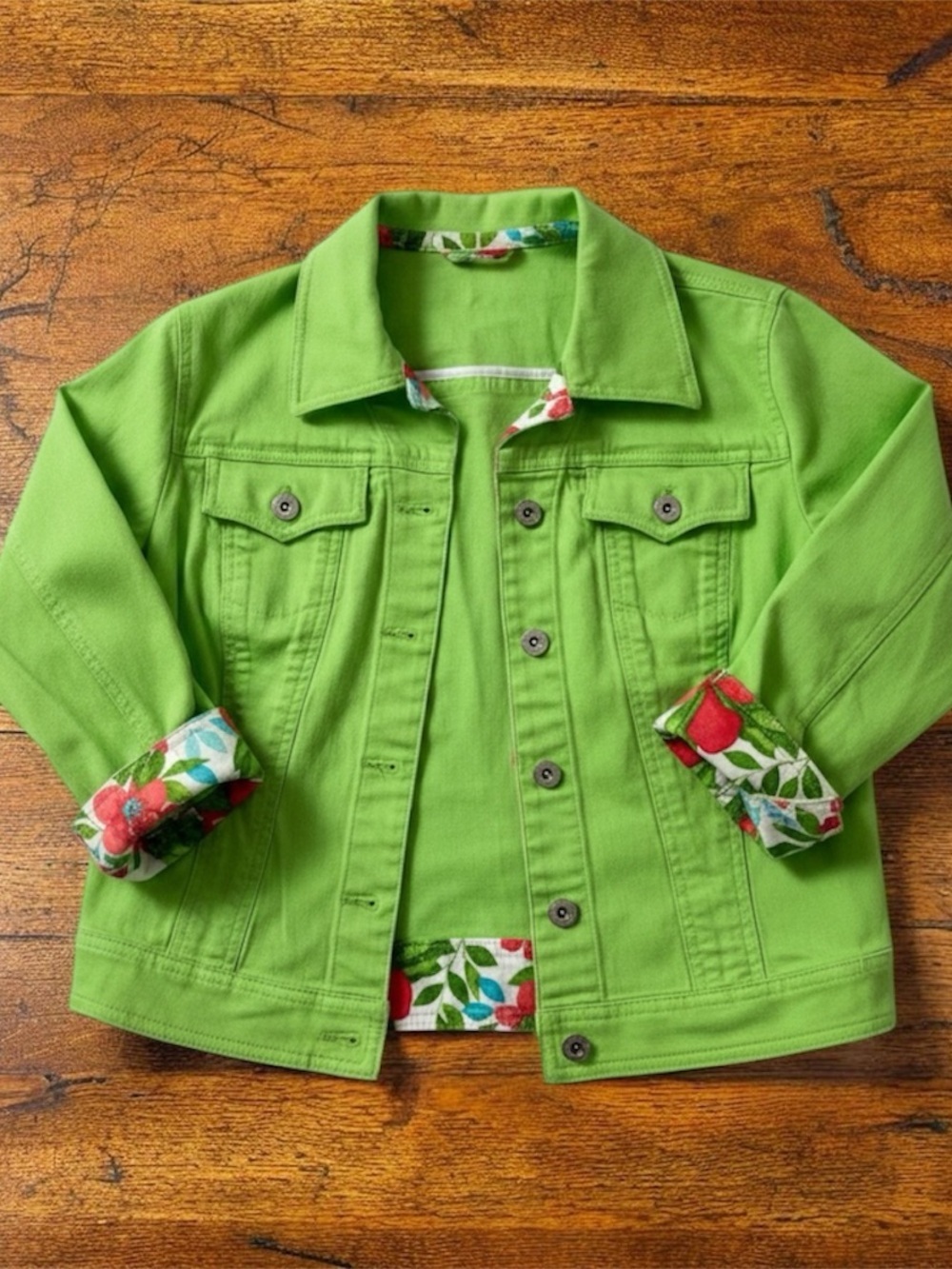 Liz Claiborne Lime Green Button Front Denim Style Jacket Floral Trim Size S